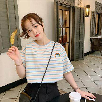 Harajuku Gaya Hong Kong baju wanita lengan pendek 2019 model baru musim panas longgar netral Atasan Rainbow motif garis baju kaos in Jaring pasang merah