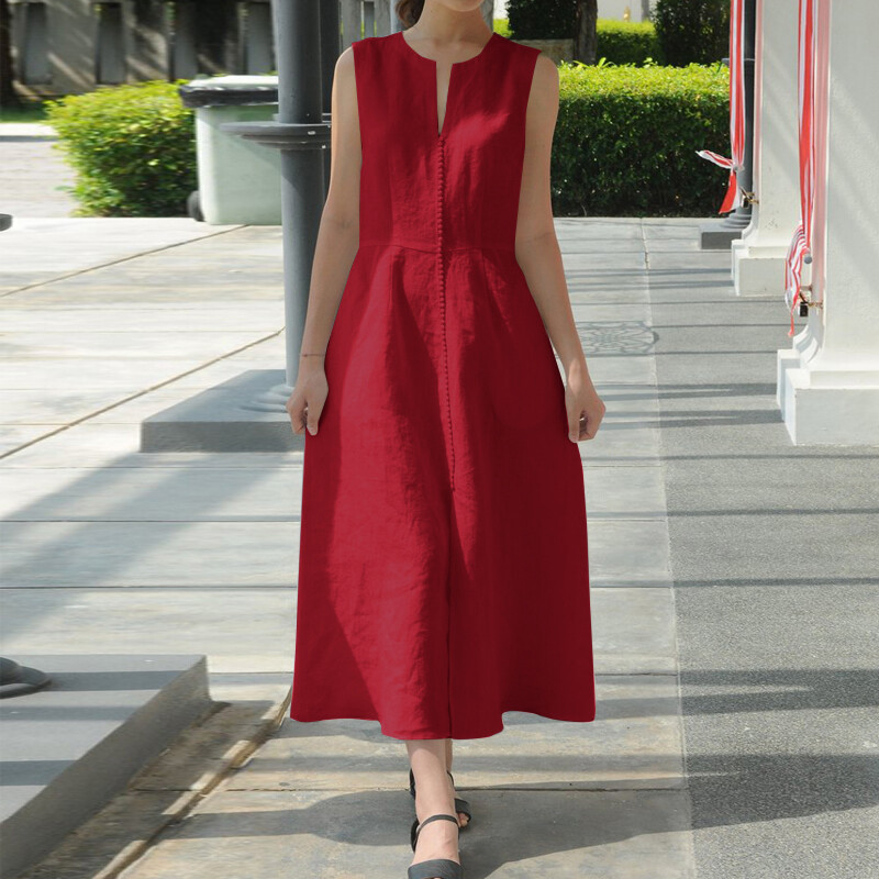 Celmia Women Summer Sleeveless Slim Waist Lace Dress Pocket V-neck Fashion Dress
