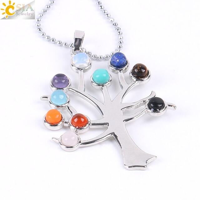 Zzooi csja reiki natural 7 chakras beads energy tree of life necklaces & pendants om yoga symbol tiger eye lapis lazuli jewellery e815