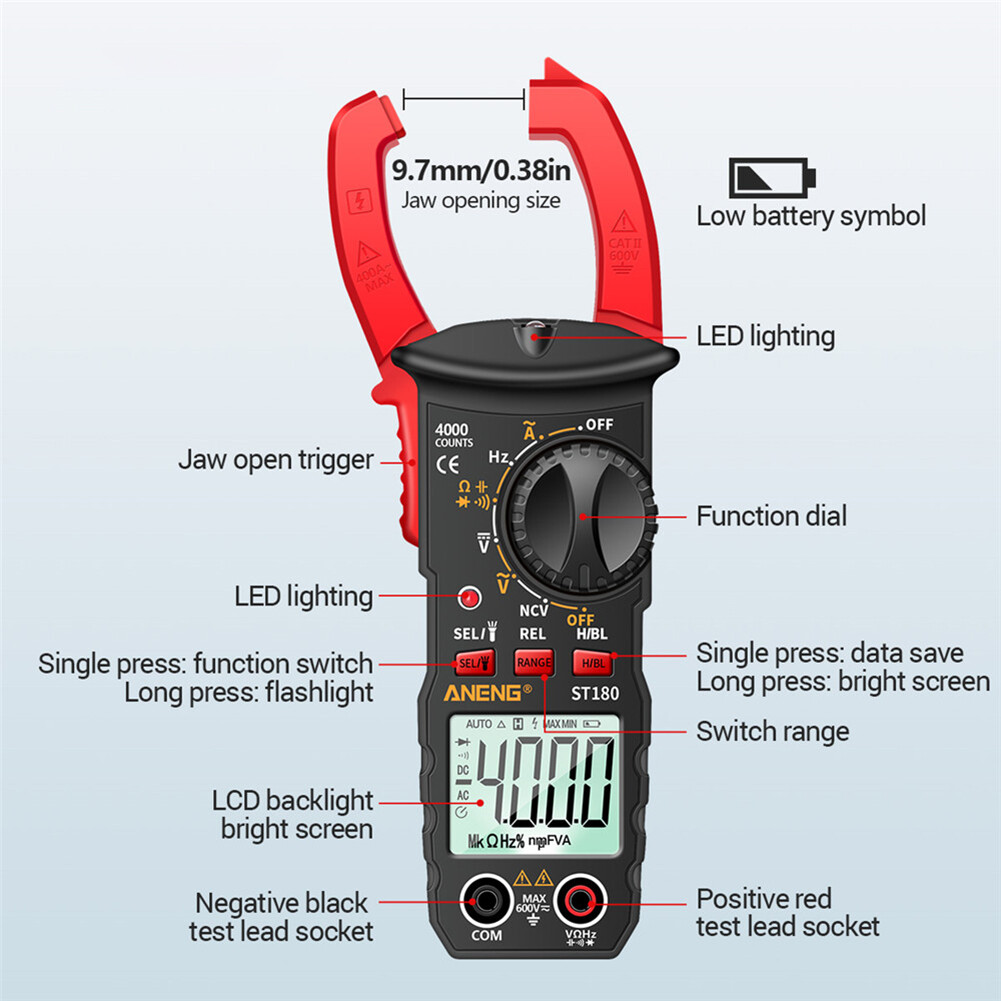 ST180 4000 Counts Digital Current Clamp Meter AC Ohm NCV Multimeter Tester
