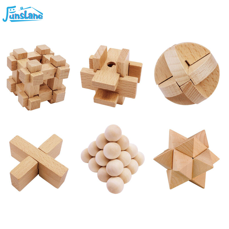 FunsLane 6pcs Wooden Puzzle Kongming Lock Luban Lock 3d Brain Teaser Puzzle Office Stress Relief Desktop Intelligence Gift
