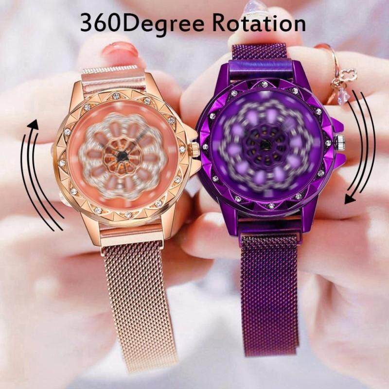 Korea Fashion Women Watch 360° Rotation Quartz Watches Stainless Steel Rose Gold Diamond Dial Magnet Flower Starry Sky Waterproof Wristwatches Malaysia