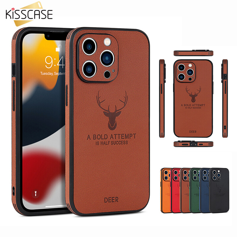 KISSCASE Deer Head Texture 2-In-1 Leather Case Full Coverage Shockproof Anti-Slip Phone Case For Iphone15 14Pro Max 14 Plus 13 11 12 Pro Max Mini Xr X Xs Shockproof Back Cover Case