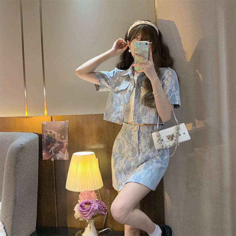 Printed Pattern Denim Fashion Suit Women's French Retro Short Short Sleeves Denim Jacket Skirt Suit