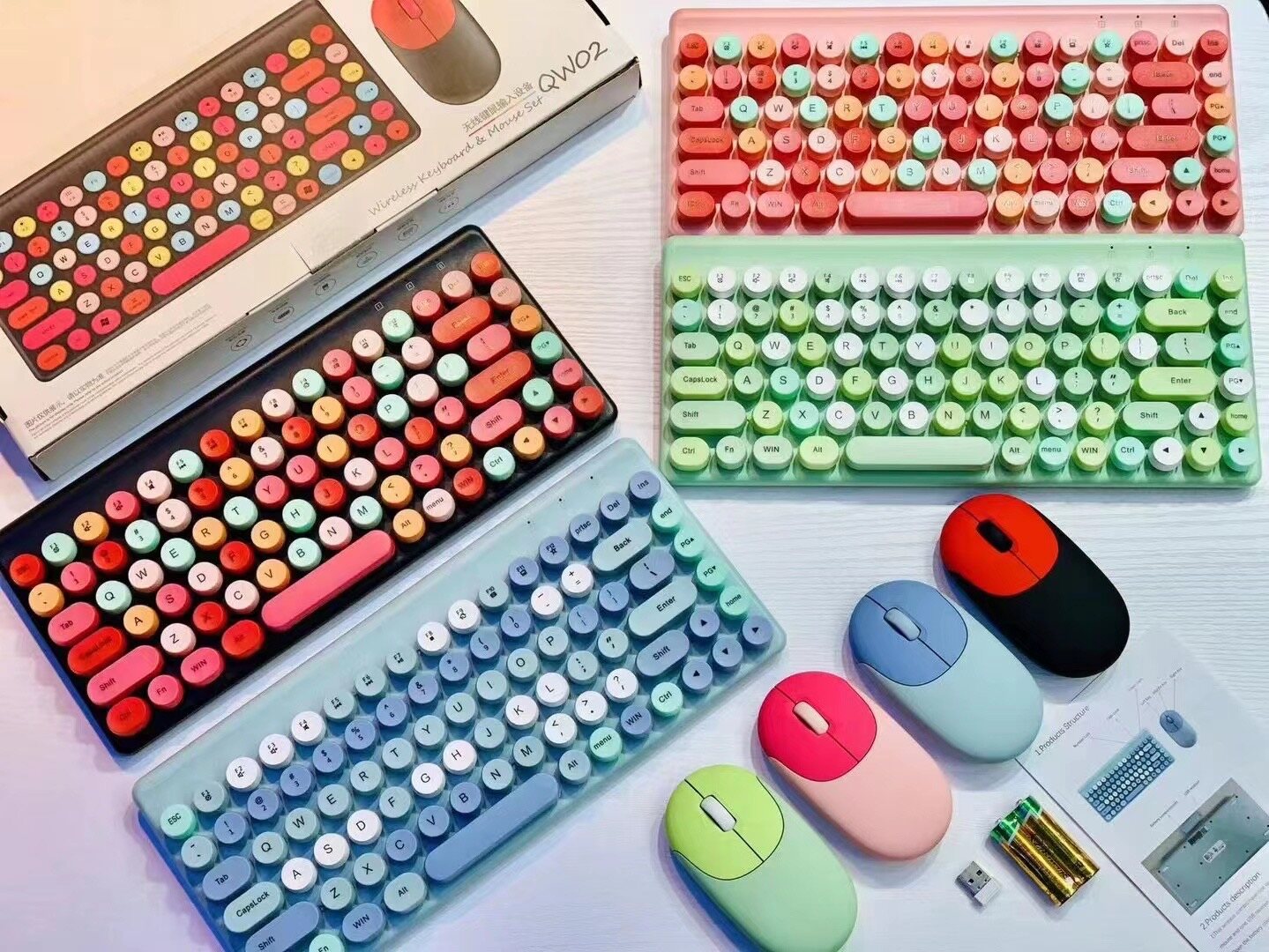 MD Bàn phím không dây và Combo Chuột, Bàn phím không dây kiểu máy đánh chữ hoài cổ với Vòng Keycaps, 2.4GHz kích thước đầy đủ USB dễ thương bàn phím không dây chuột cho máy tính, máy tính để bàn, máy tính xách tay và máy tính