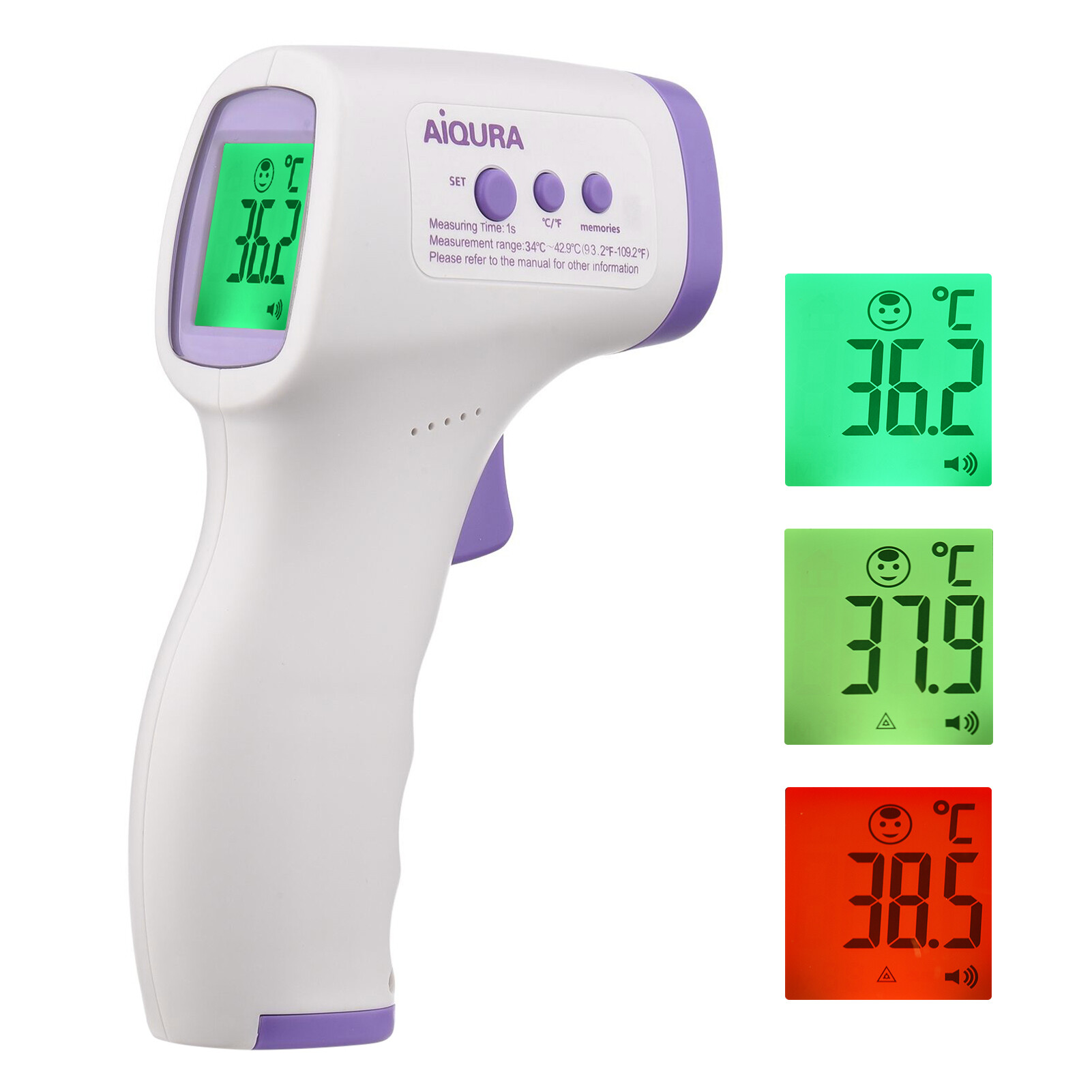 Smart Sensor LCD Digital Infrared Forehead Therm-ometer Non-Contact IR Ther-mometer Handheld Digital Tem-perature Measuring Gauge Fever Alarm Dual Tem-perature Mode 16-Group Memory °C/°F Switch for Baby/Adult