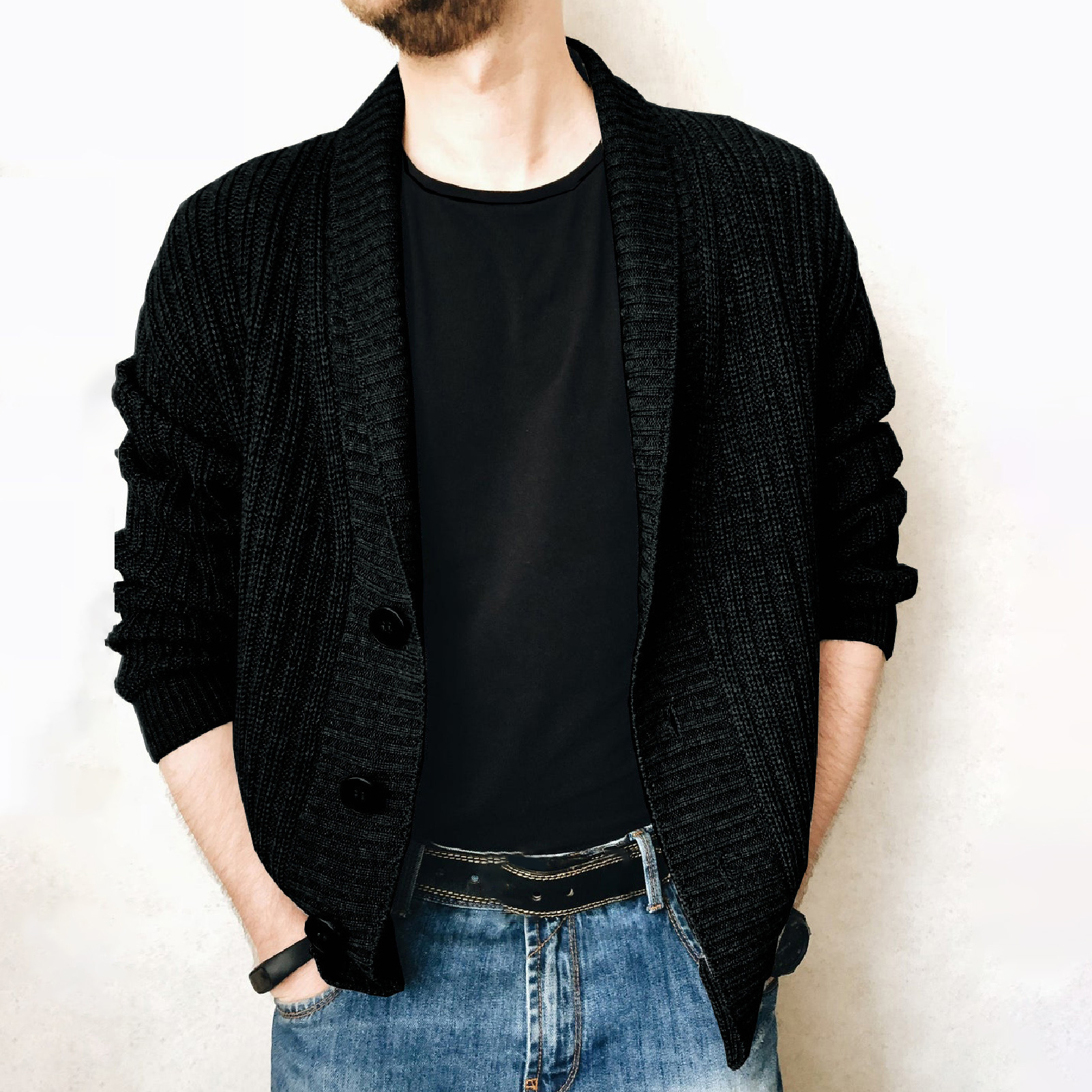 Simple Sweater Coat Solid Color Comfortable Simple Men Solid Color Knitted Sweater Coat for Outdoor