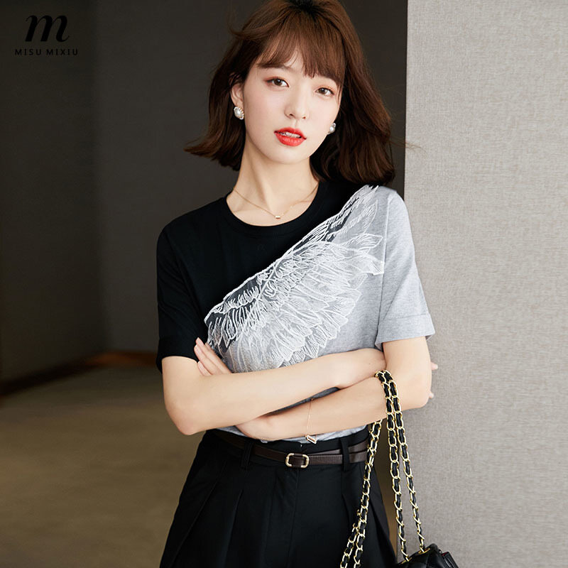 Misumixiu 2021 summer trendy design sense summer stitching blouse short t-shirt wing top