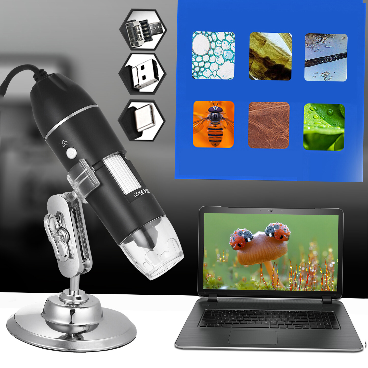 Cảm biến thông minh 1600x USB thu phóng kỹ thuật số kính hiển vi phóng to với chức năng OTG 8-Đèn LED kính lúp độ phóng đại với đứng
