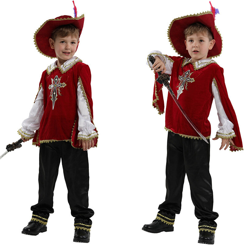 Kids Boys Halloween Cosplay Costume Top Pants Hat Set Ancient Rome Warrior Prince Costume Party Stage Costumes