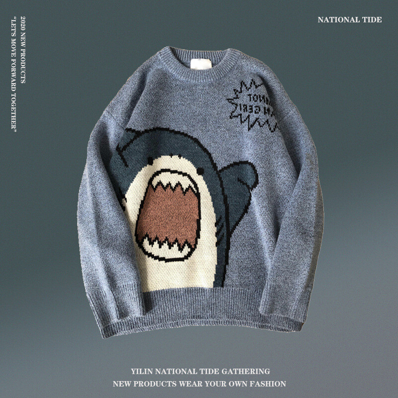 WOMA Men'sRoundNeckLongSleeveSweaterFashionKnittedSweaterTideBrandRoundNeckCartoonSharkTopsAutumnandWinterJapaneseCoupleLooseTops