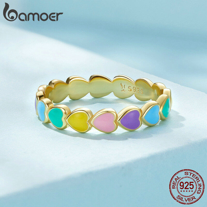 BAMOER Miễn Phí Vận Chuyển Nhẫn Đeo Tay Hình Trái Tim Cầu Vồng Xếp Chồng Lên Nhau Bằng Bạc Ý 925 Thật Tháng 10 Cho Nữ Nhẫn Đính Hôn Đám Cưới Trang Sức Anel SCR444