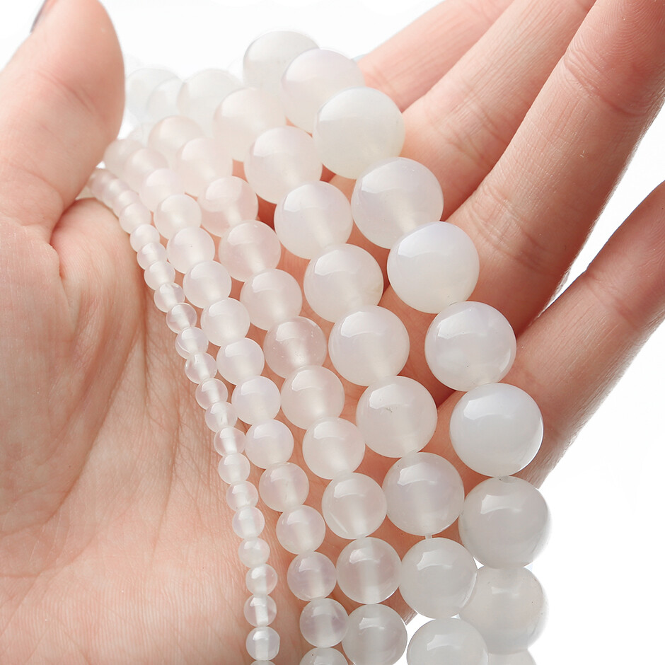 4/6/8/10/12mm Natural Stone Smooth White Agate Round Loose Spacer Beads For Jewelry Making DIY Bracelet Necklace Accessories Length 15''