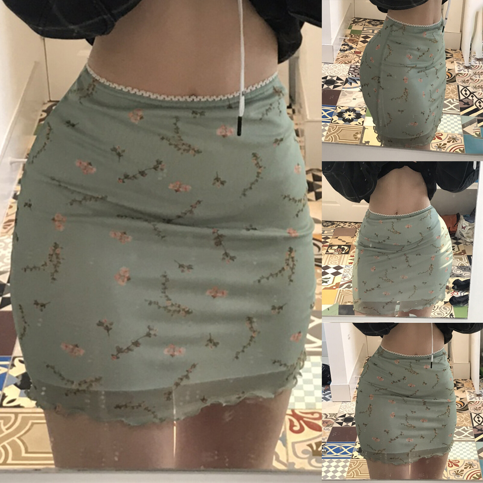Women's Mesh Bodycon Mini Skirt Vintage Floral Print High Waist Lettuce Trim Short Pencil Skirt