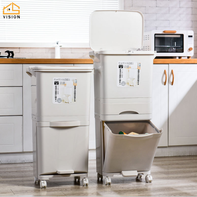 Thùng Đựng Rác Nhà Bếp Vision 3 Lớp, Thùng Phân Loại Rác Gia Đình Nhật Bản, Có Thể Di Chuyển, Giặt Khô, Ướt, Giỏ Đựng Rác Bằng Nhựa, Giỏ Đựng Rác Có Nắp