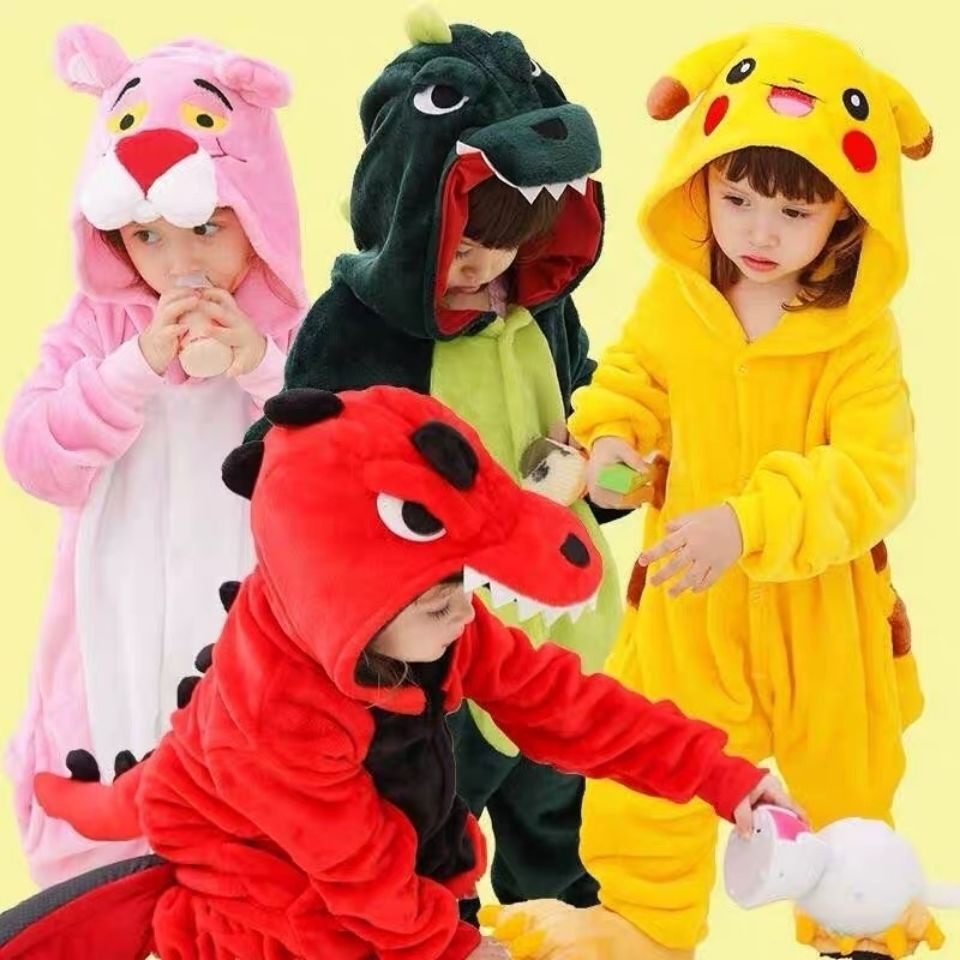 Autumn Winter Children's Cartoon One-Piece Pajamas Cartoon Dinosaur Soft Flannel Sleepwear