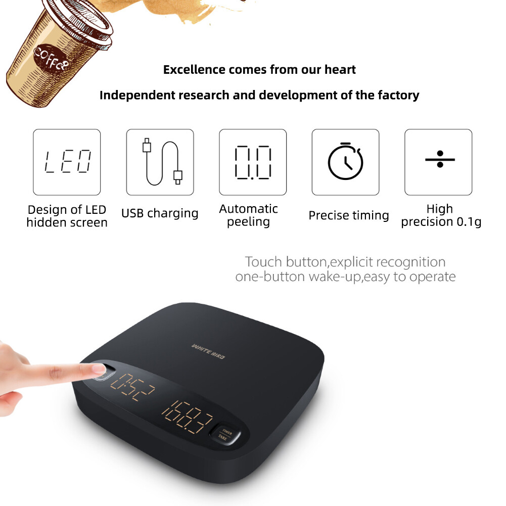 yieryi 2KG Coffee scale Electronic smart touch scale USB Kitchen Scale Digital Drip Espresso scale Anti-Slip