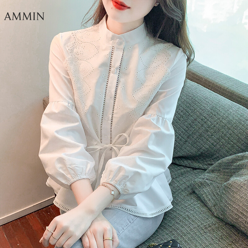 AMMIN 2023 spring and autumn new shirt skirt hem drawstring waist Western chiffon shirt women Korean style splicing lantern sleeve design elegant blouse chic ins tops