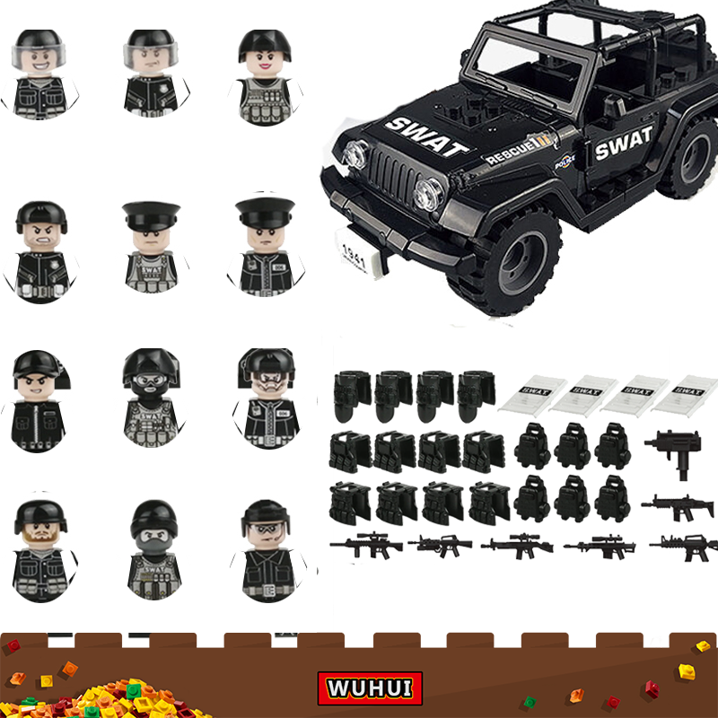 WUHUI 12+1PCS SWAT Military Army WW2 Minifigures Toy Building Kit Toys Building Blocks Special Forces Soldiers Bricks Figures Car Weapons Armed Building Bricks for Preschool Children Ages 3+ Kids Toys Compatible with All Brands