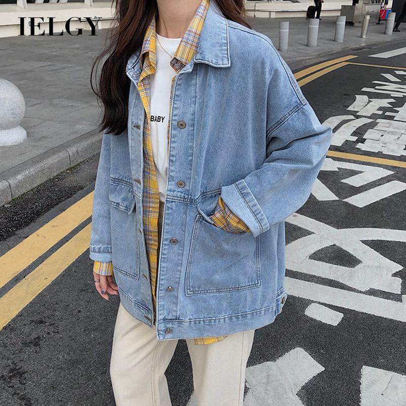 IELGY Áo Khoác Denim Một Hàng Khuy Dáng Rộng Ngoại Cỡ Phiên Bản Hàn Quốc Cho Nữ