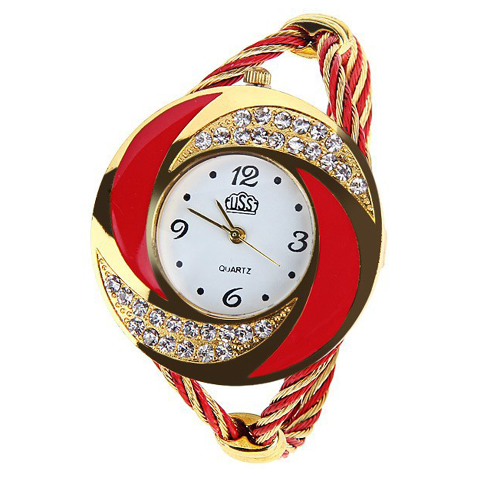 NingXiang Women Fashion Spiral Round Rhinestone Braid Bangle Cuff Analog Quartz Bracelet Watch