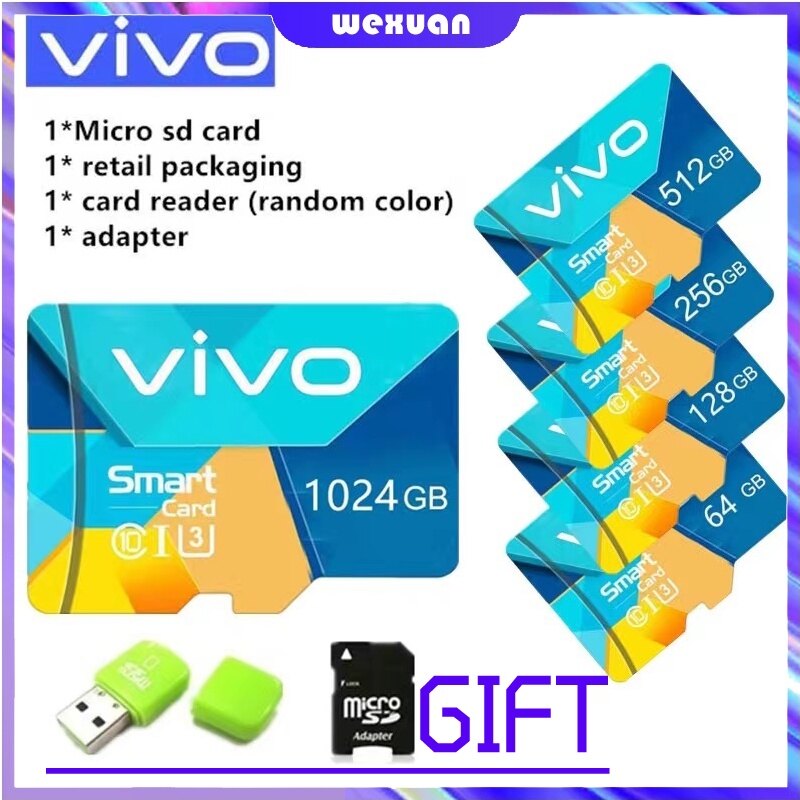 ♥ ready stock +free+cod ♥vivo memory card 512gb 256gb 128g 64g 32gb 16gb micro sd card for computer laptop free adapter sdxc/hc class 10 tf card