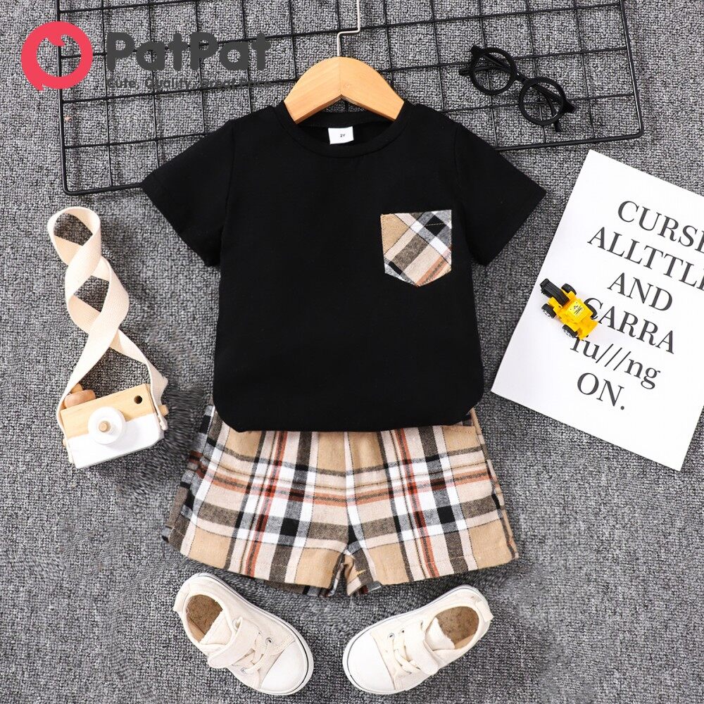 PatPat 2pcs Toddler Boy Classic Pocket Design Tee and Plaid Shorts Set