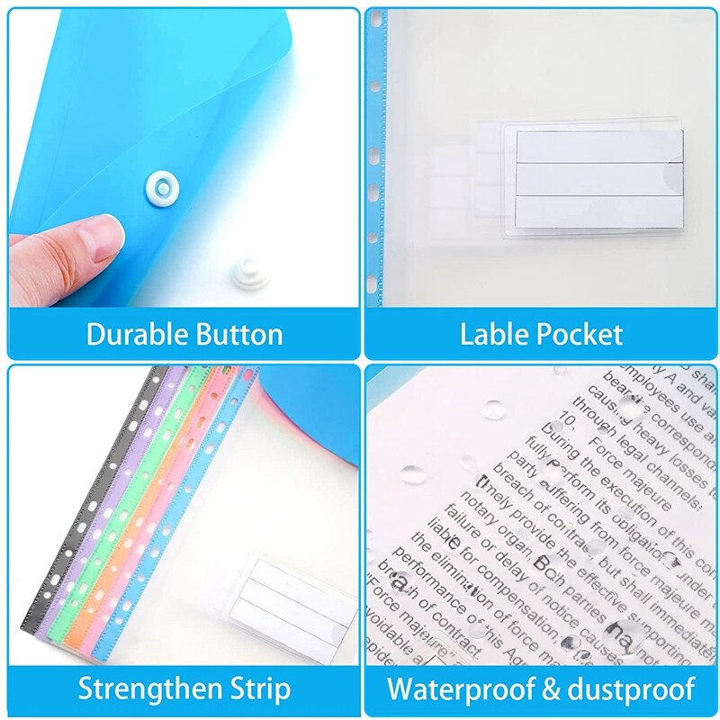 12 Pack A4 Punched Pockets Plastic Wallets - 11 Holes Expandable Binder Pocket Envelope File Folders