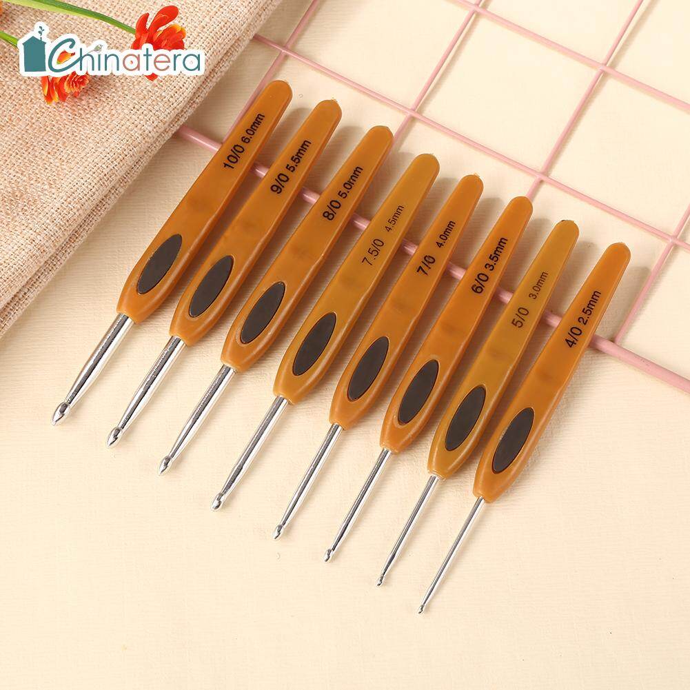 [Chinatera] 8pcs Plastic Handle Aluminum Crochet Hooks Yarn Knitting Needles Set for Sweater Ergonomic DIY Weave Craft Hand Sewing Tools
