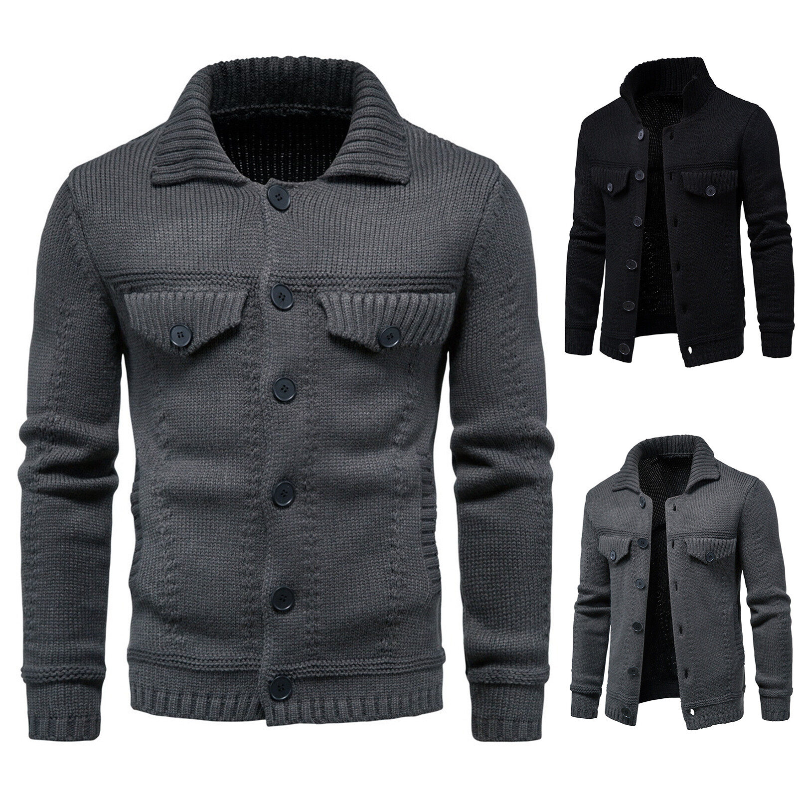 Men Sweater Coat Solid Color Single-breasted Buttons Cardigan Elastic Knitting Turn-down Collar Thick Anti-shrink Spring Coat for Daily Wear Men Jacket Buttons