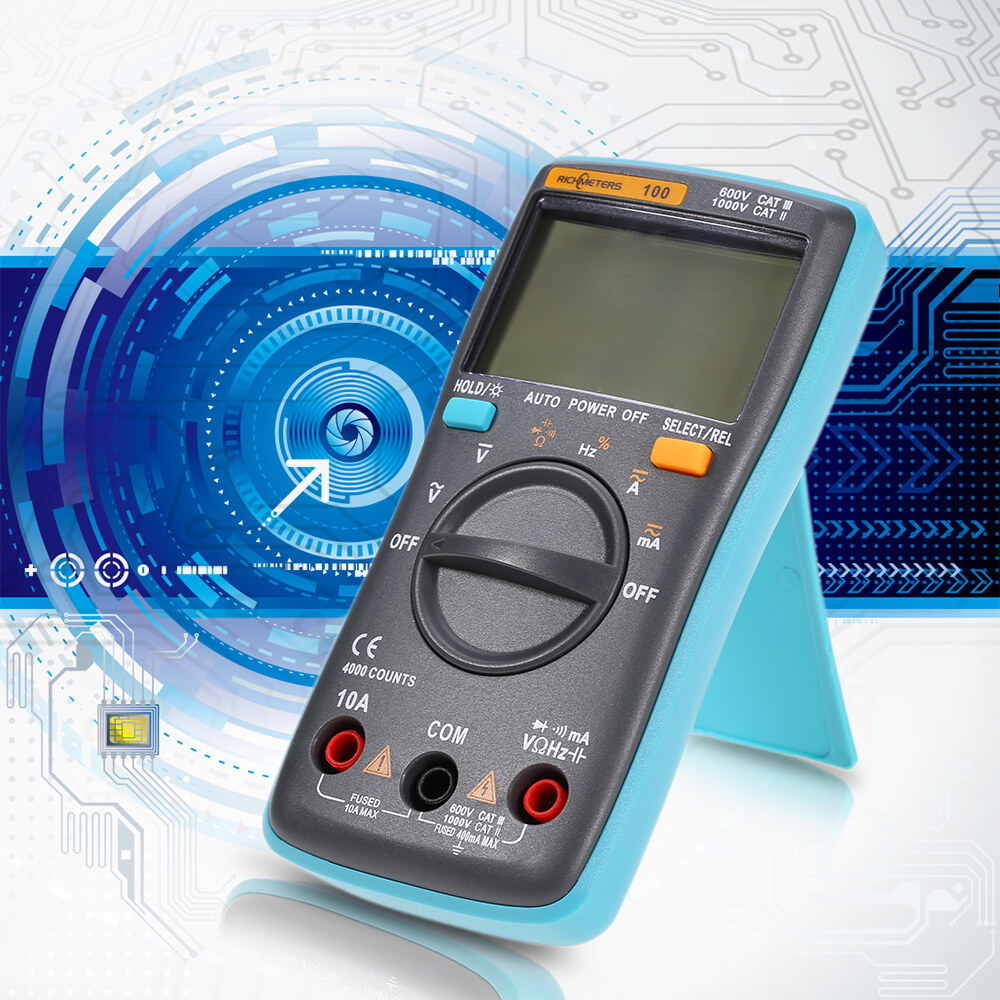 RICHMETERS RM100 Multimeter True RMS Multifunctional LCD Digital Multimeter DMM DC AC Voltage Current Resistance Diode Continuity Capacitance Frequency Duty Tester Measurement Automatic Polarity Identification Ammeter Voltmeter Ohm