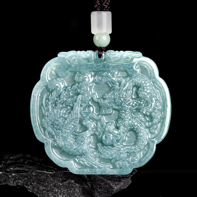 TIMESWIND Natural Jade Green Dragon and Phoenix Auspicious Pendant for Men with Certificate