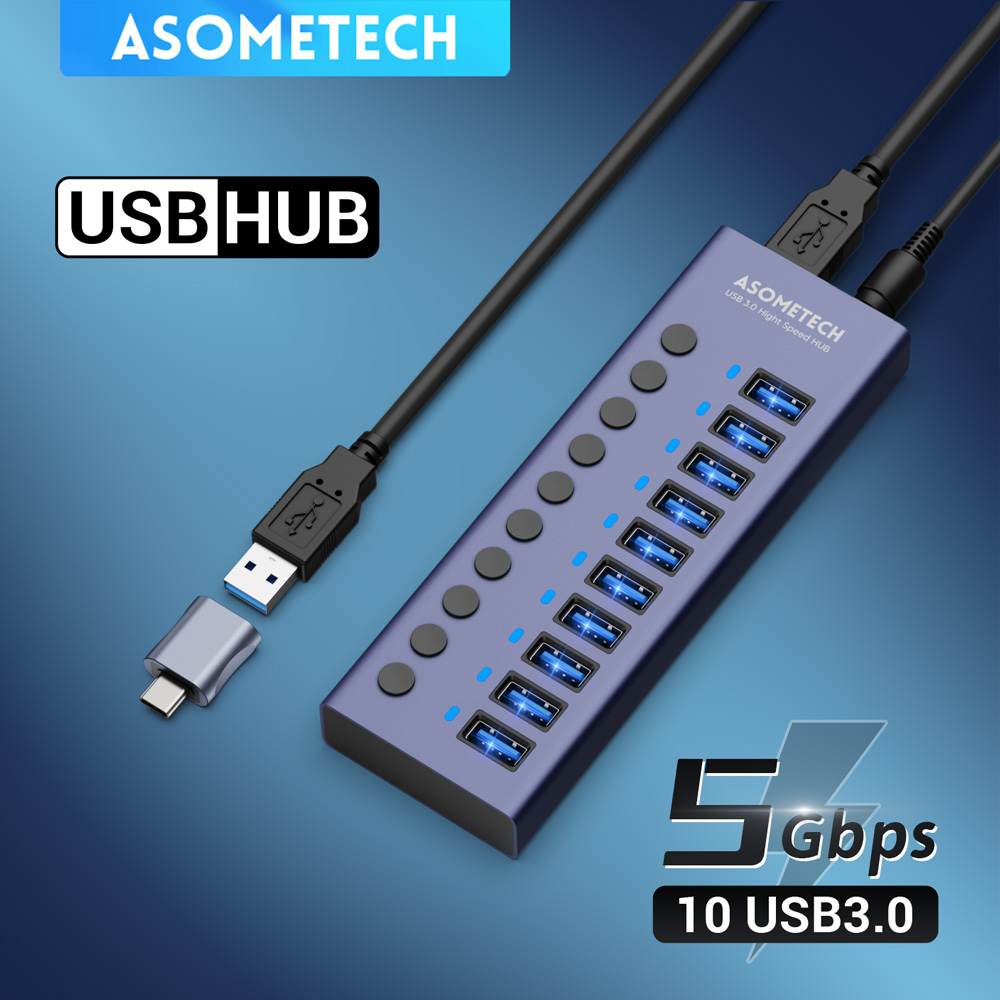 TOPZERO Bộ Chia USB 7/10 Cổng 3.0 Bộ Chia USB 3.0 Bộ Chia USB Đa Năng Tốc Độ 5Gbps + 60W (12V/5A) Bộ Chuyển Đổi Nguồn 7/10 Cổng Bộ Chia USB 3.0 Có Công Tắc Cho Máy Tính Xách Tay