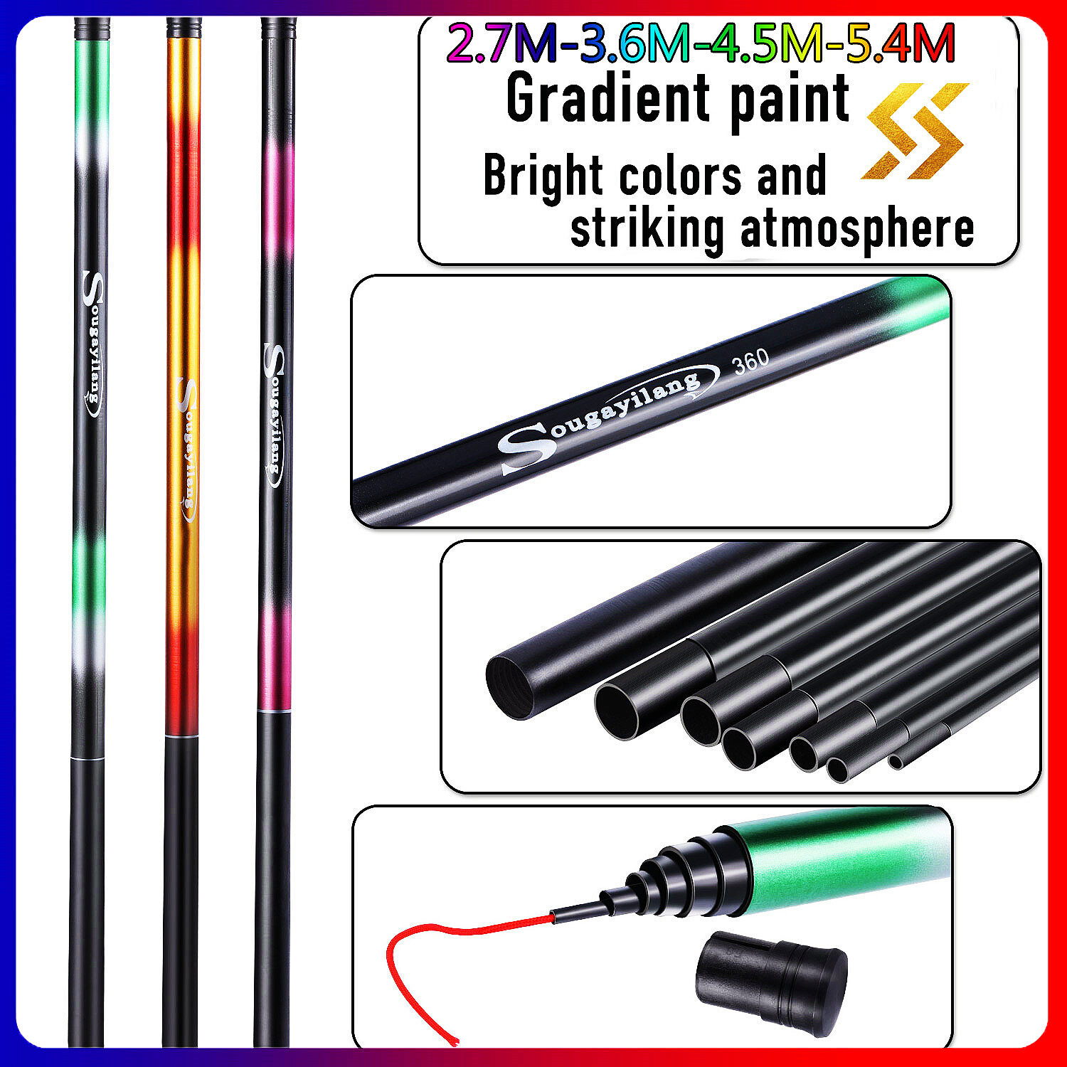 Sougayilang Telescopic Fishing Rod Glassfiber 3 Colors 2.7M/3.6M/4.5M/5.4M Fishing Rod Stream River Portable Fishing Rod Pole.