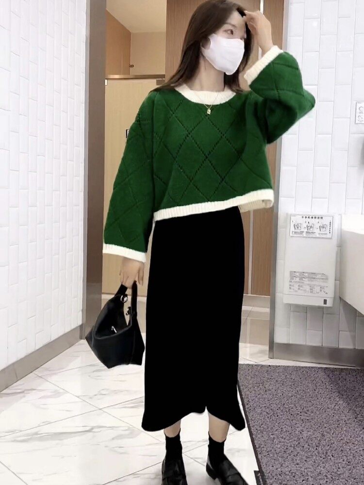 HengShanYuan Women's round neck pullover with patchwork color knit loose matching color hollow top knit