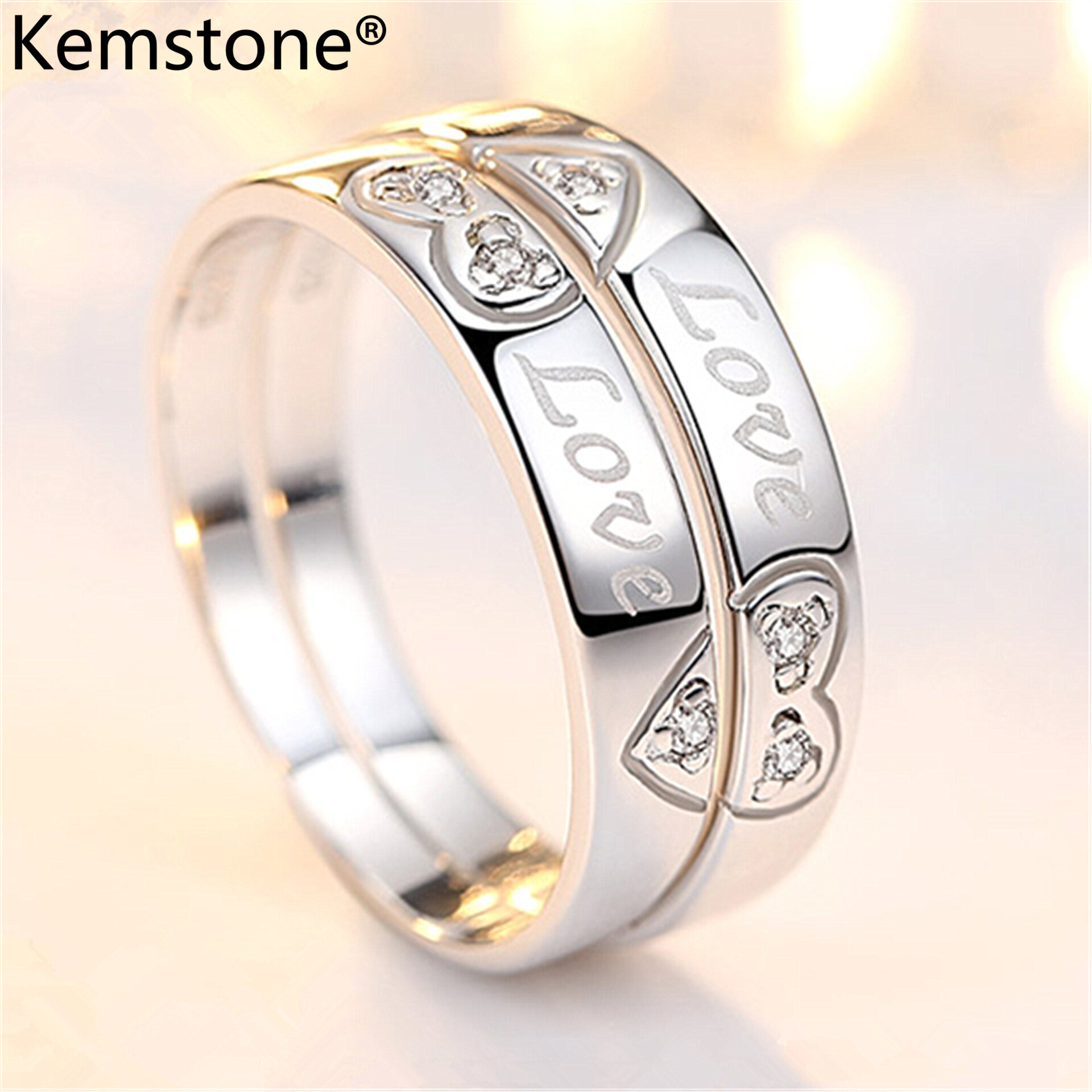 Kemstone Fashion Couple Jewelry Silver Plated Carving Love Adjustable Engagement Rings for Lover