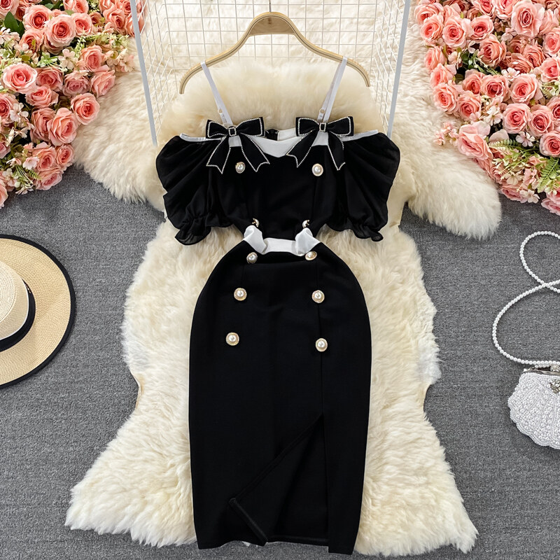 Chic and Fashionable Contrast Color Suspender Skirt Off-shoulder Double-breasted Dress Slit Bag Hip Dress 2022 Summer New Style