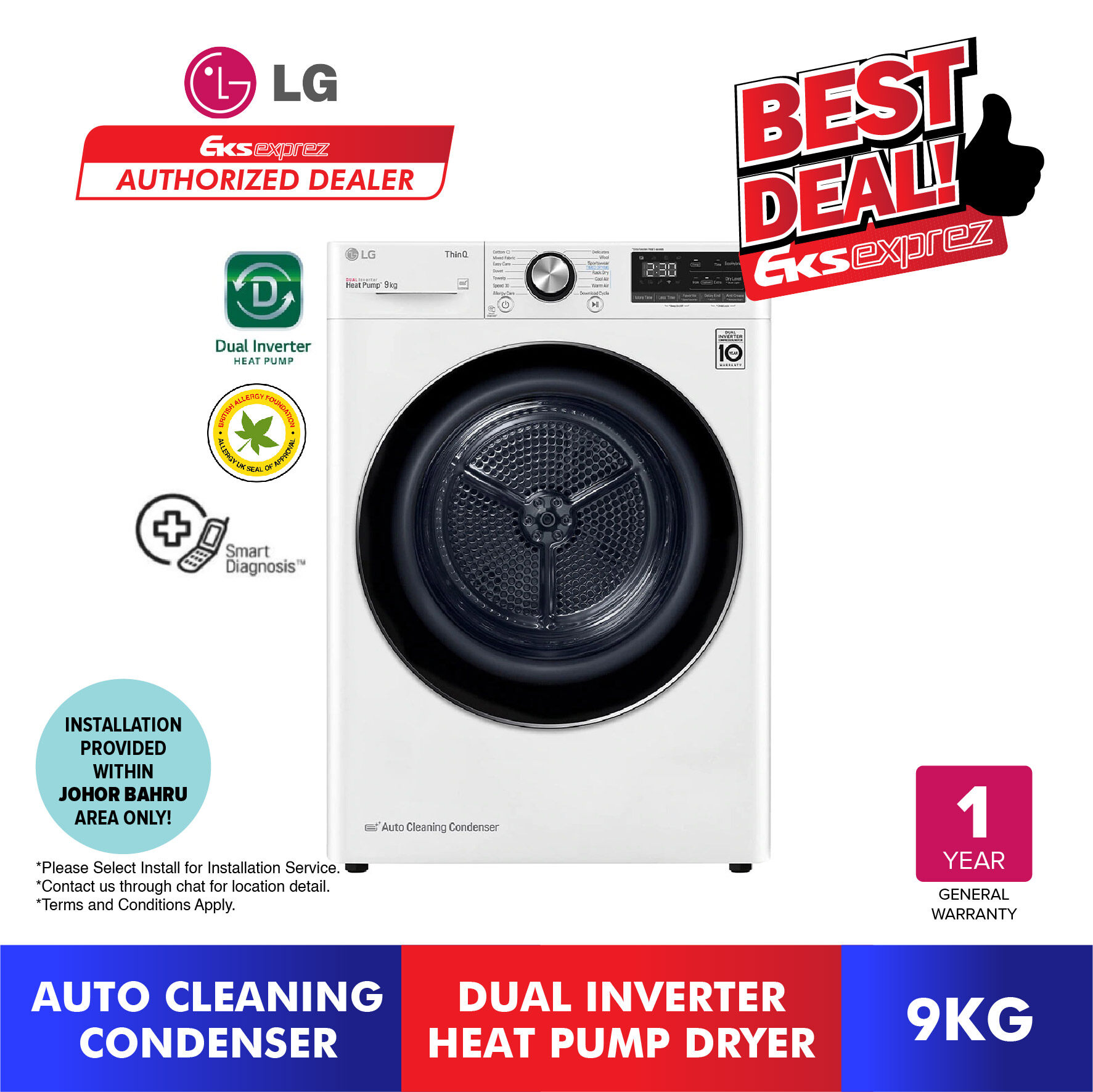 LG Dual Inverter Heat Pump Dryer (9kg) VDH9066WS with Auto Cleaning Condenser Lazada