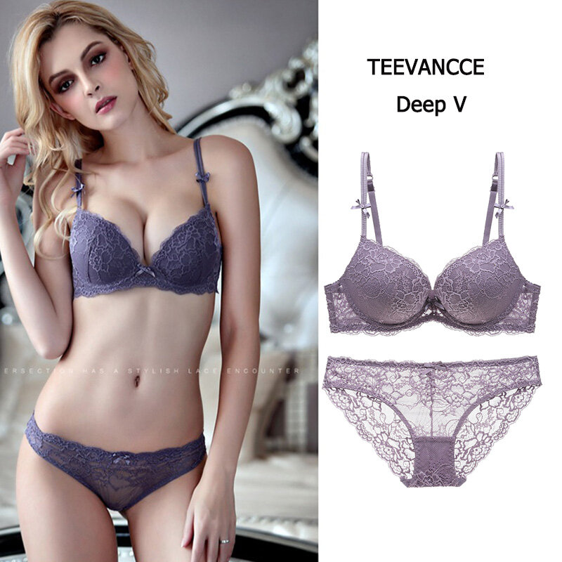 TEEVANCCE Super Gather Purple Bras Women Underwear Set Cotton Brassiere Thick Push Up Bra Set Embroidery Lace Sexy Lingerie Sets ABC cup
