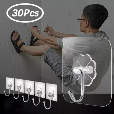 30Pcs Magic Hook Without Nails Transparent Wall Hook Strong Sticky Heavy Magic Wall Adhesive Hook Reusable Self Adhesive Hooks Wall Suction Hook Bathroom Hanger Strong Holder Bag Holder Door Hanger Hook