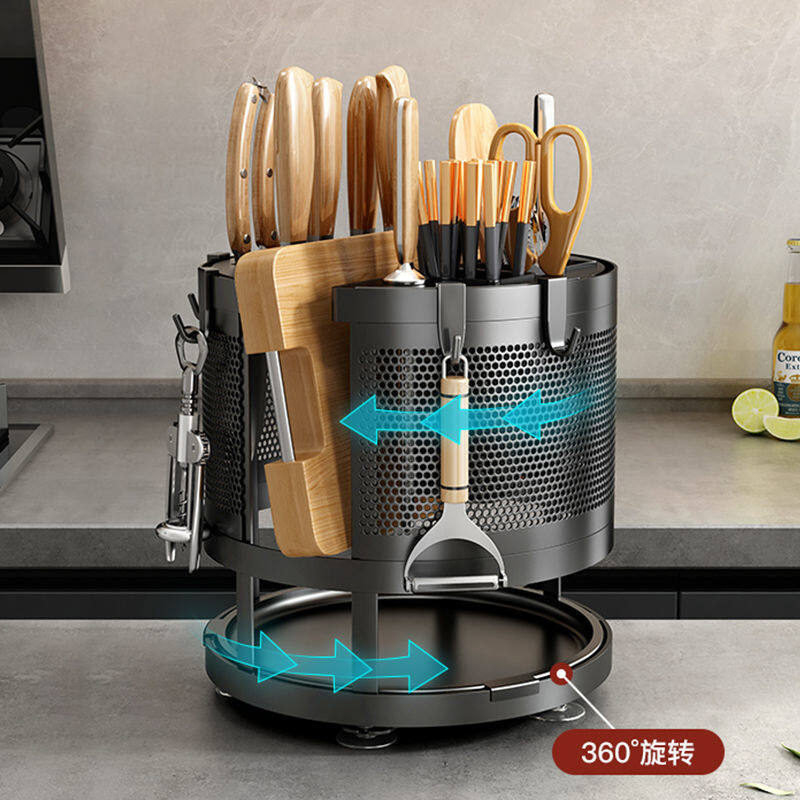 Multi-Functional Stainess Steel Rotatable Kitchen Shelf Chopsticks Tube Cutting Board Pot Cover Knife Holder Destop Storage Rack
