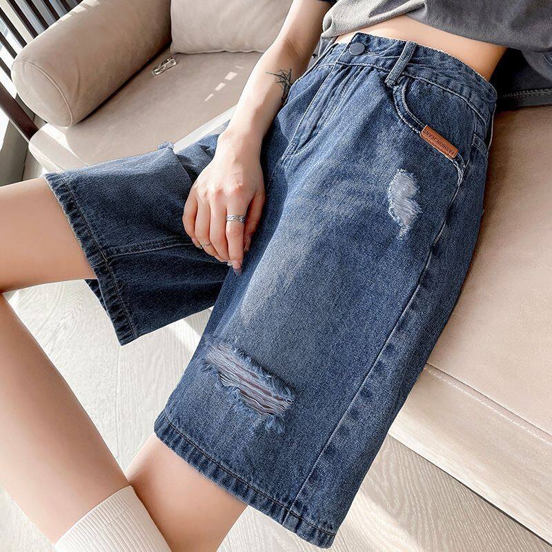 Women's Short Jeans Baggy Casual High Waist Straight Leg Long Denim Shorts Streetwear Short Denim Half Length Thin material For Summer Destroyed