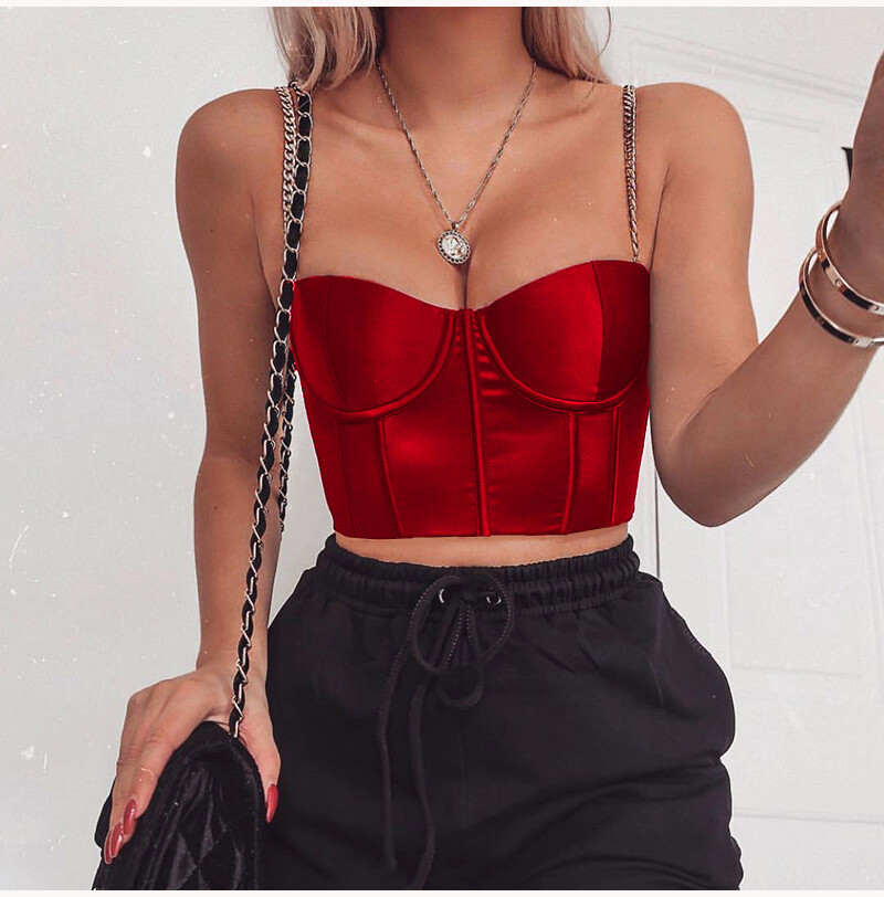 Fashion Summer Women Chains Sling Sleeveless Bra Shaped Black Bustier Crop Top Vest Tube Tank Top Tee Shirt