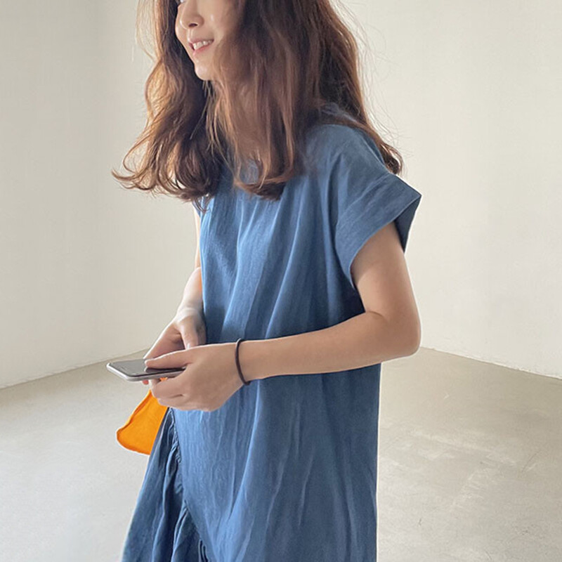 韩版NUOVPAUL别致复古圆领宽松休闲设计中长款下摆不规则荷叶边连衣裙