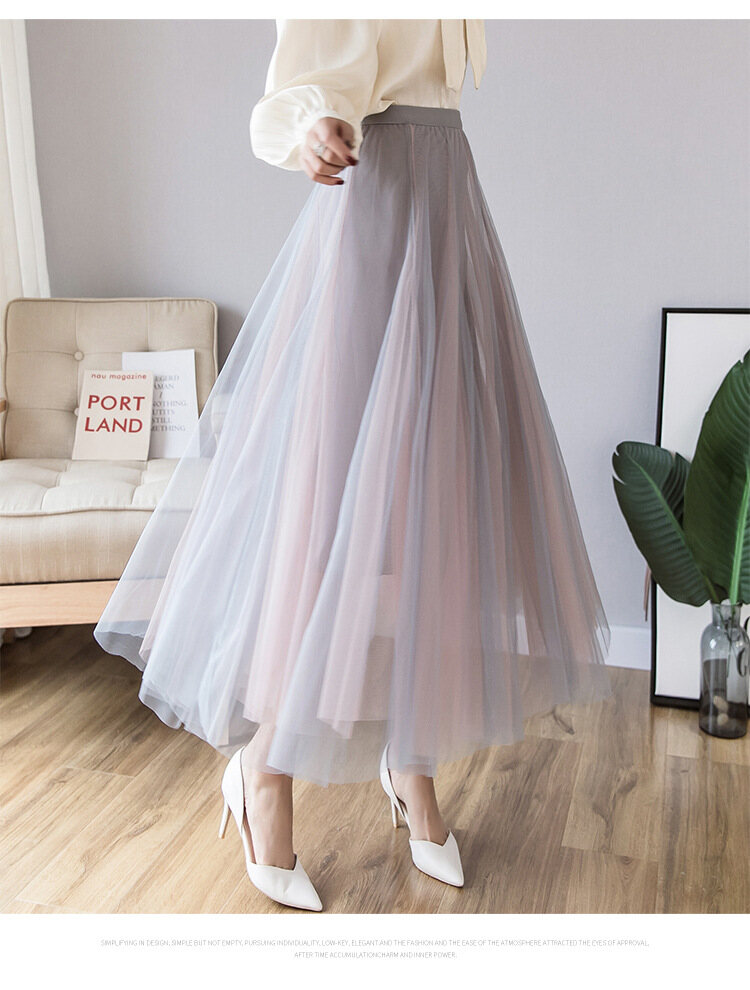 Women's Skirts Spring and Autumn High Waist Slimming Skirts Super Fairy Mesh Skirt Mid-length Fairy Long Skirts Ladies Self-cultivation Temperament Long Skirts