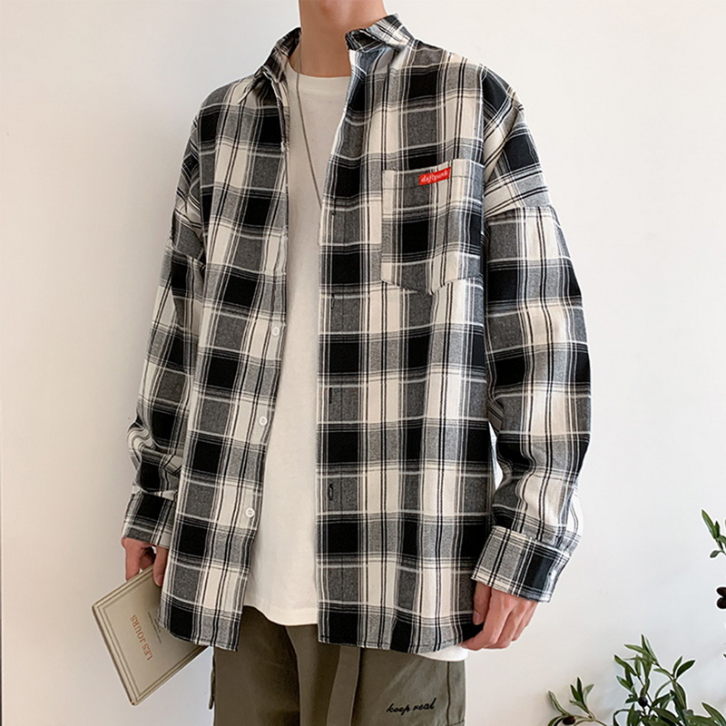 Men Loose Shirt Plaid Shirt Long Sleeve 