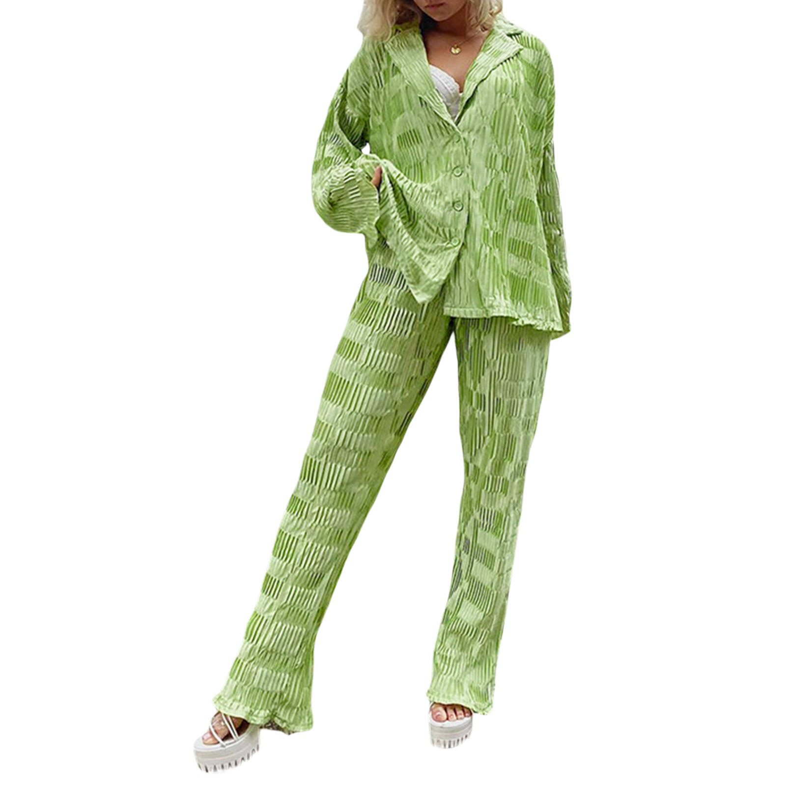 2 Pieces Female Suit Set, Solid Color Lapel Long Sleeve Ruched Button-Down Shirt+ Long Pants for Women, Green, S/M/L