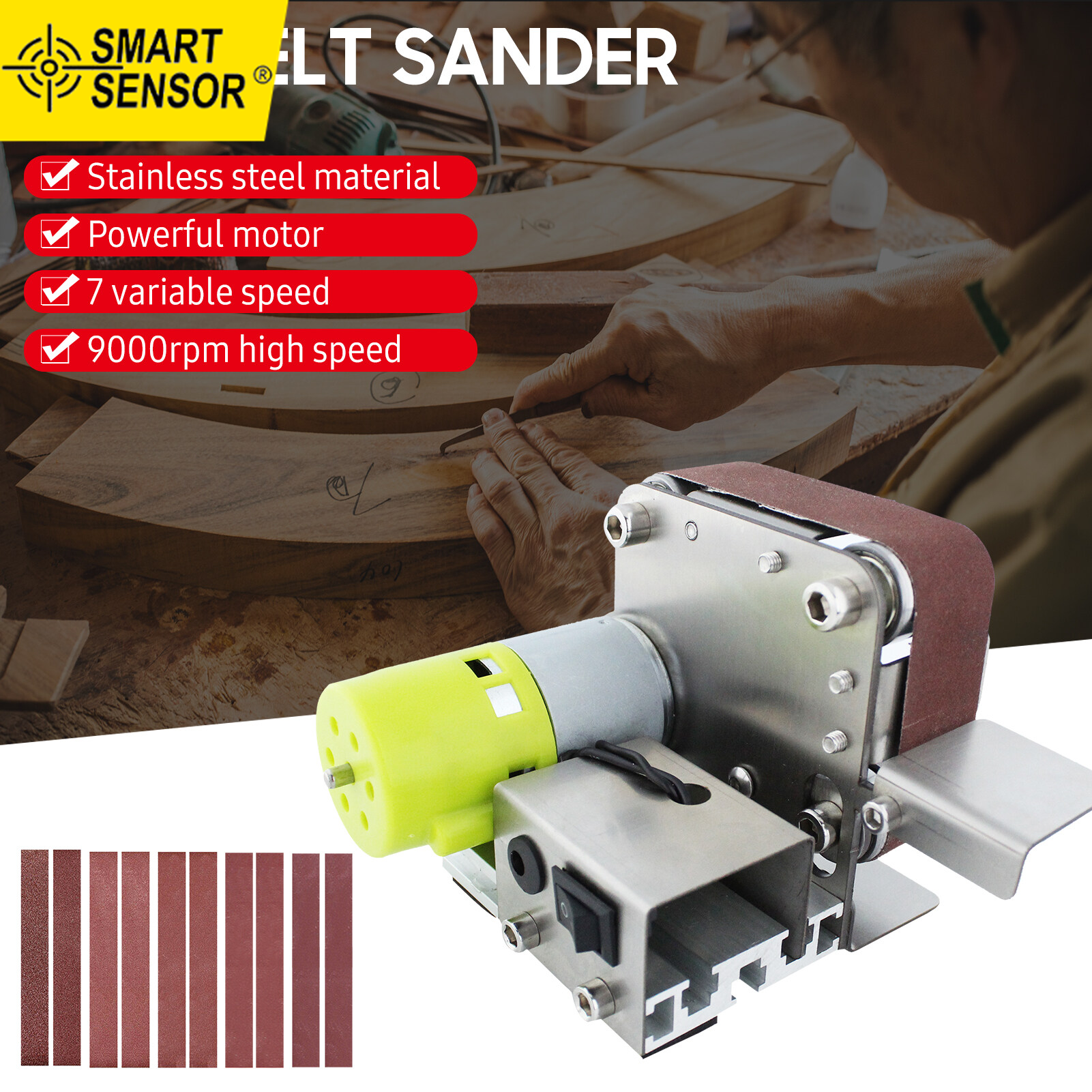 Smart Sensor Mini Belt Sander Electric Sanding Polishing Grinding Machine 7 Variable Speed with 10 Sanding Belts for Polishing Wood Acrylic Metal