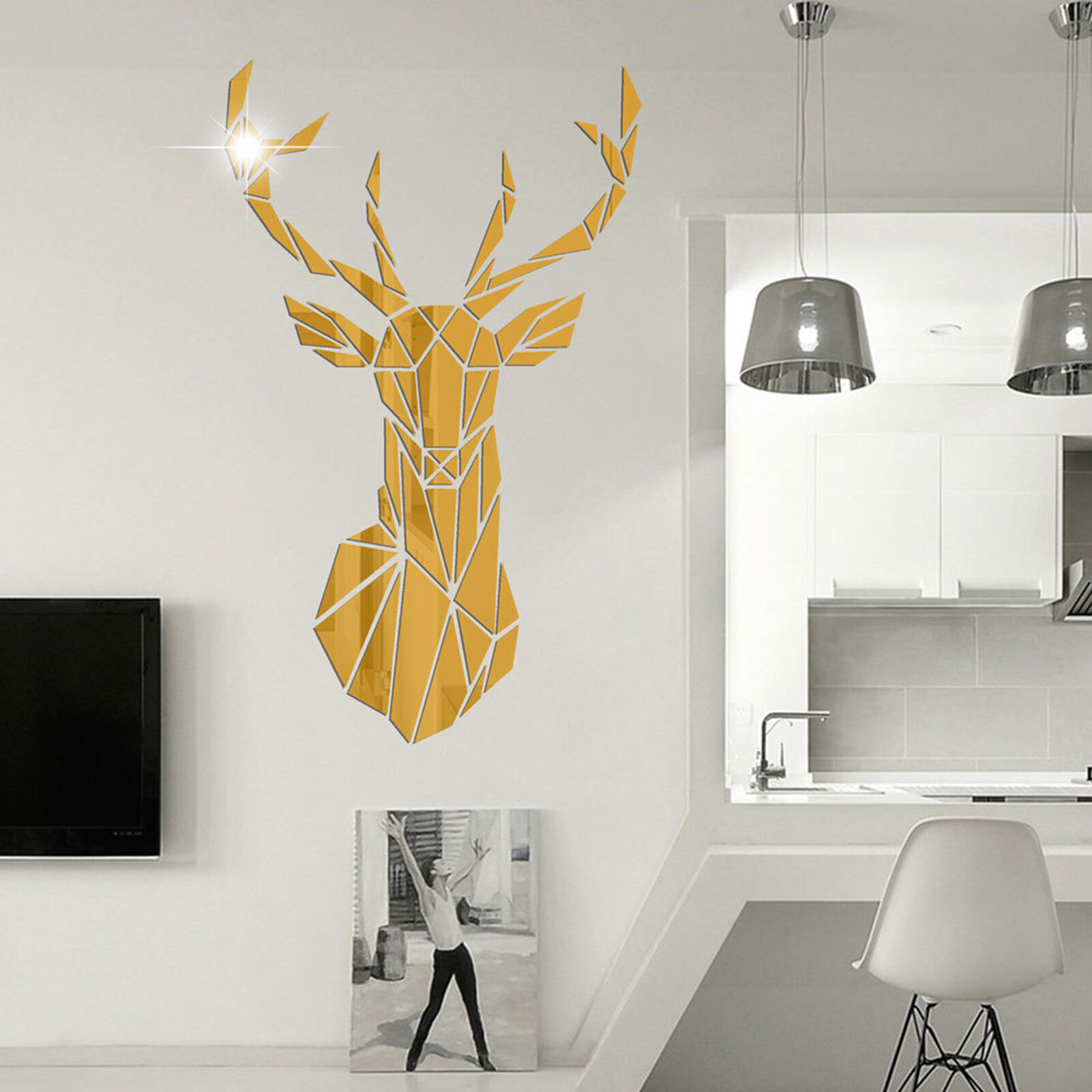 1 Set Mirror Wall Sticker Self Adhesive Strong Stickiness Removable Reflective Effect Smooth Surface Deer Head 3D Mirror Sticker Wall Art Decoration Bedroom Supplies