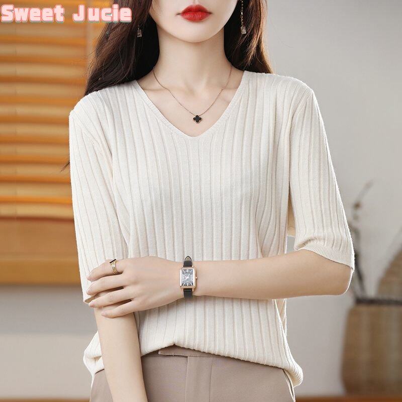 Áo Thun Nữ Sweet Juice Tay Áo 3/4 Hàn Quốc Cổ Tim Bó Sát Áo Thun Dệt Kim Ngắn Tay Cho Nữ